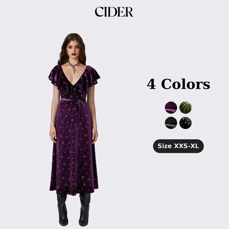 Cider Velvet V-neck Star Ruffle Tie Back Midi Dress