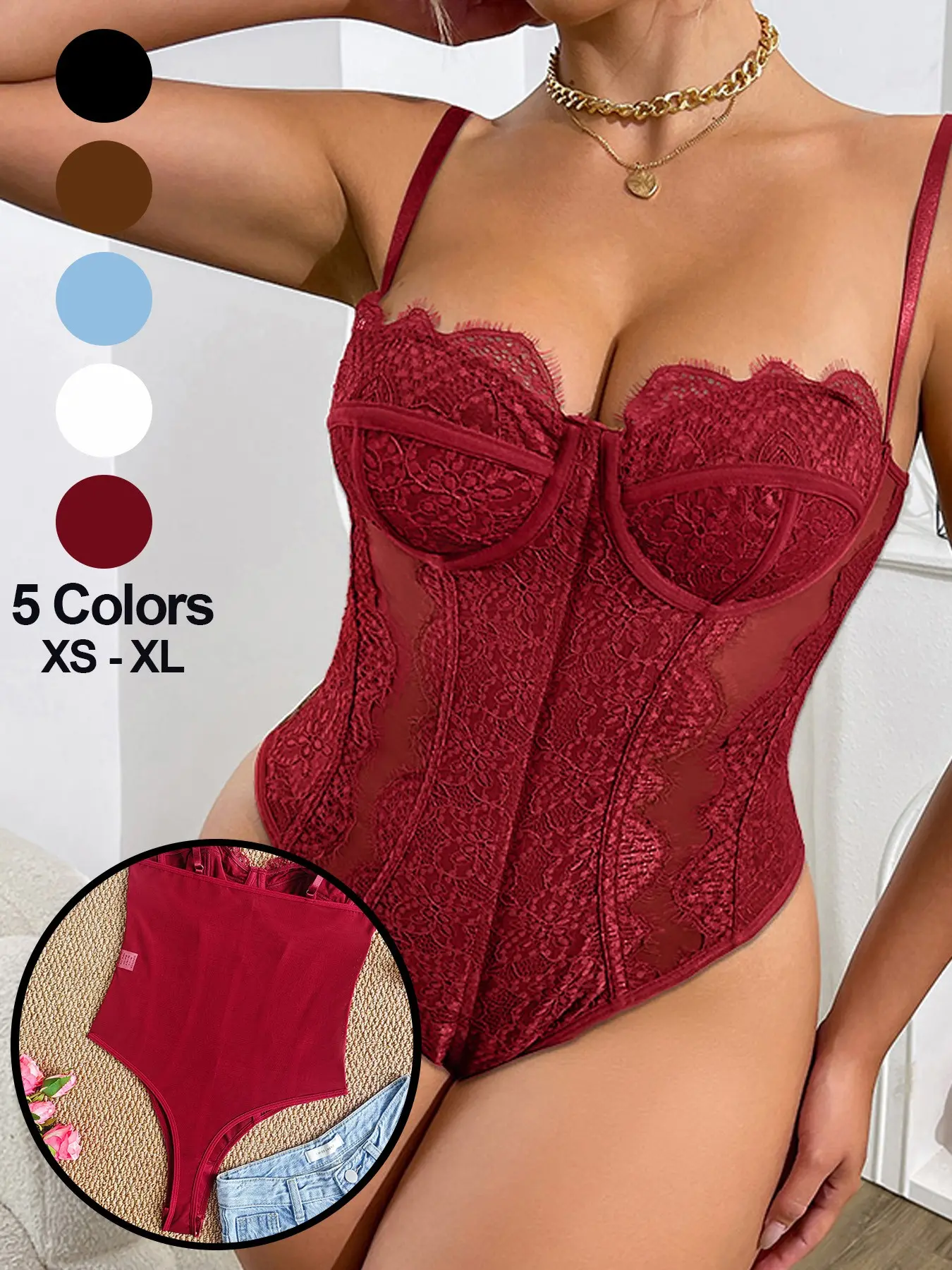 1 Count Women's Tummy Control Shaping Shapewear Bodysuit Lace Design Adjustable Spaghetti Strap Mesh Back Thong Bodysuit with Underwire Support Snap Crotch for Commuter Daily Wear