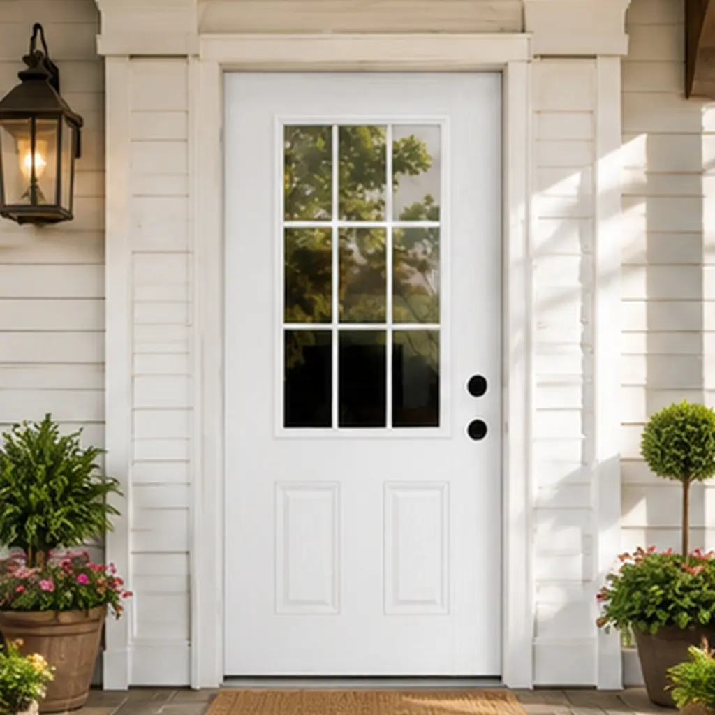 ARCH 32x80 Single Unit Fiberglass Entry Door - 9-Lite Low-E Glass, 4-9/16 in. Vinyl Frame, White Wood Grain Surface, Left Hand Inswing, Primed Finish, Polyurethane Foam Core, for Home Entrance Use