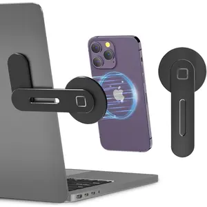 Adjustable Laptop Stand, Magnetic Phone Holder, Aluminum Slim Computer Monitor Side Mount Clip for iPhone MagSafe Series & All Phones, Portable Foldable Computer Expansion Bracket, Black