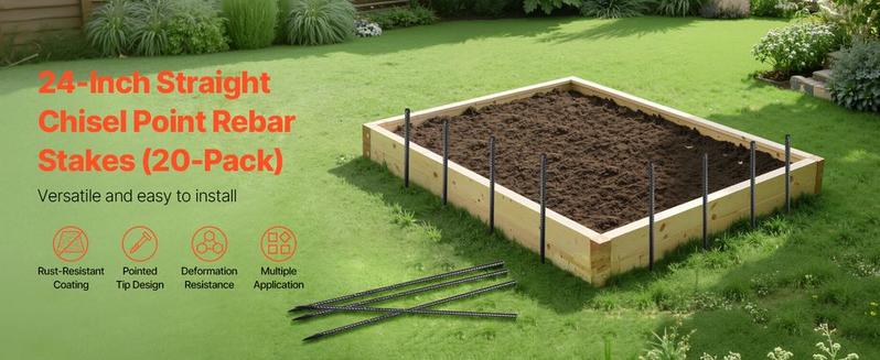 VEVOR Rebar Stakes, 24-Inch, Heavy-Duty 0.47 in Diameter, Straight Galvanized Steel Ground Anchors with Chisel Point End & Rust-Resistant Coating, for Gardening Support, Fence, Camping Tents (20-Pack)