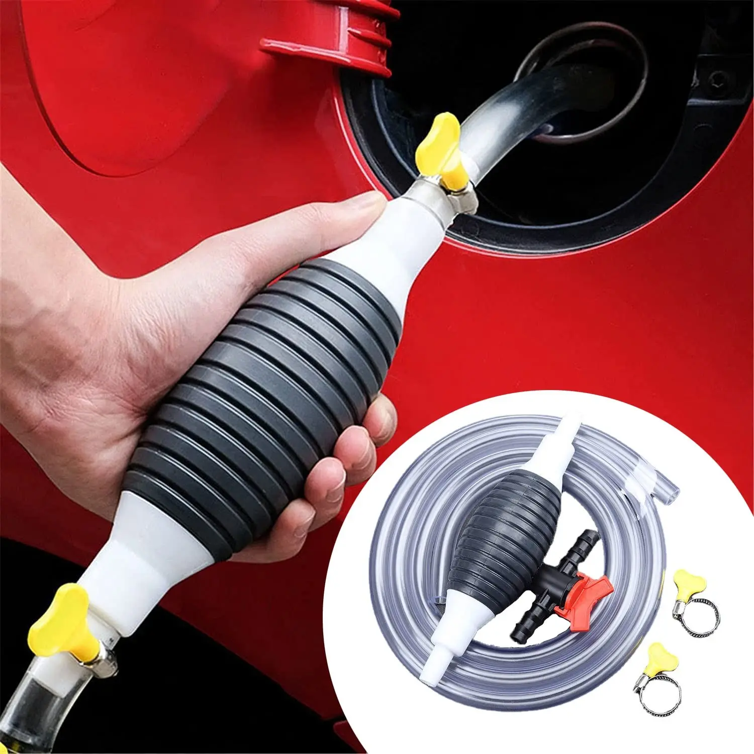 Multi-Functional Liquid Suction Pump, Manual Fuel Transfer Pump, Portable Siphon Pump for Gasoline, Diesel, Water, with 3.2/6.5/9.8 Ft Siphon Tubes