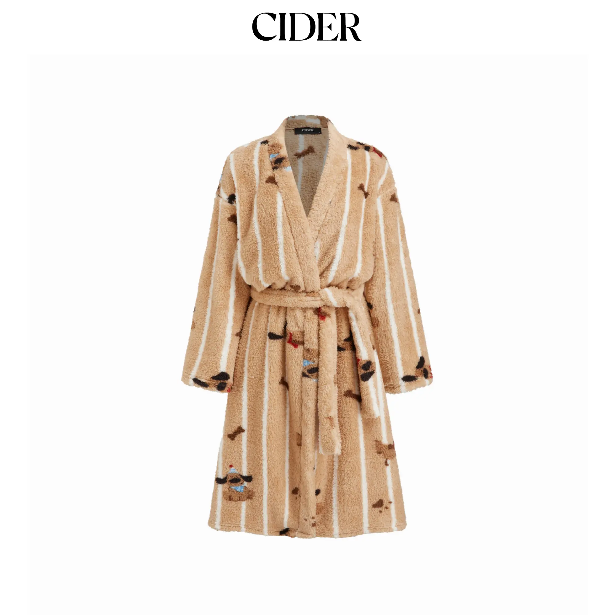 Cider Fleece V-neck Dog Pattern Stripe Robe With Belt