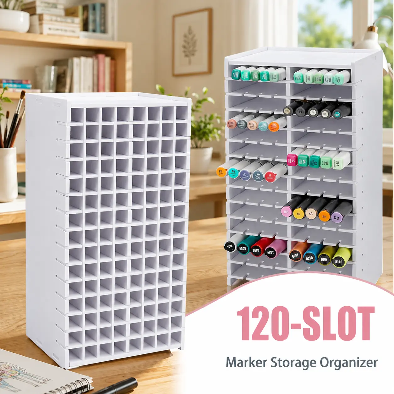 Adjustable Marker Storage Organizer (1 Pack) - 120-Slot Storage Box with Removable Dividers, 13.38"H x 6.88"W x 5.1"D Multifunctional Home Office Organizer for Kids' Art & Desk Use