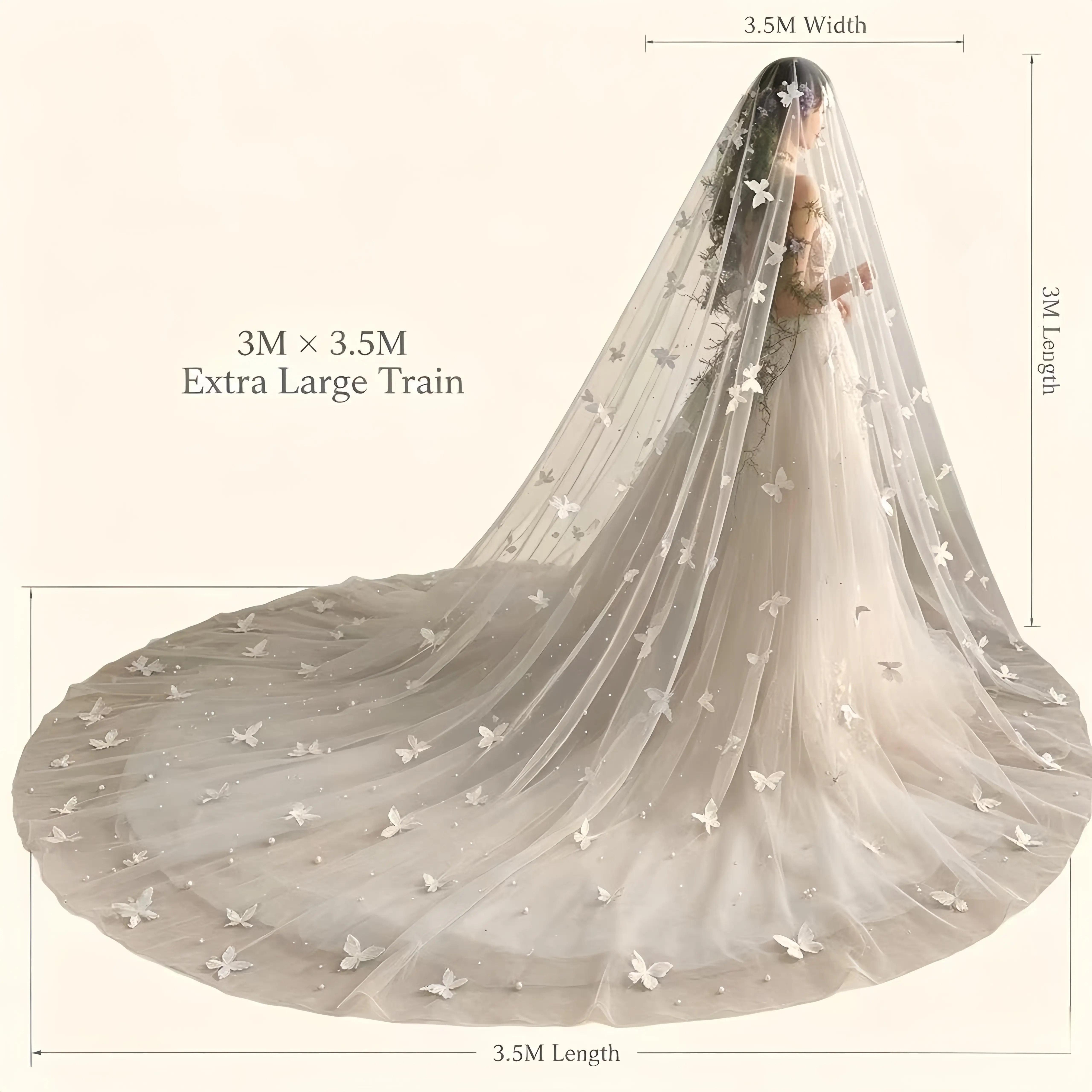 3D Butterfly Wedding Veil ,118*138 Inches Long Cathedral Tulle Bridal Veil with Pearls, Fairy Whimsical Floating Butterfly Chapel Veil for Garden Forest Wedding Photoshoot