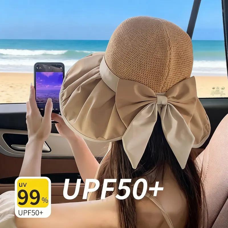 Women's UPF50+ Sun Protection Hat, Wide-Brim Foldable UV-Protective Beach Hat with Bow, Summer Travel Vacation Sun Hat
