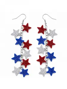 USA Flag Inspired Star Drop Earrings, Glitter Chain Dangle Earrings, Red Blue White Festival Statement Jewelry