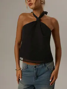 1 Piece Knotted Halter Sleeveless Tank Top, Back Tieable Bow Strap, All Over Flocked Mini Dot Print, Loose Straight Cropped Hem, Solid Color Casual Versatile Outer Cami