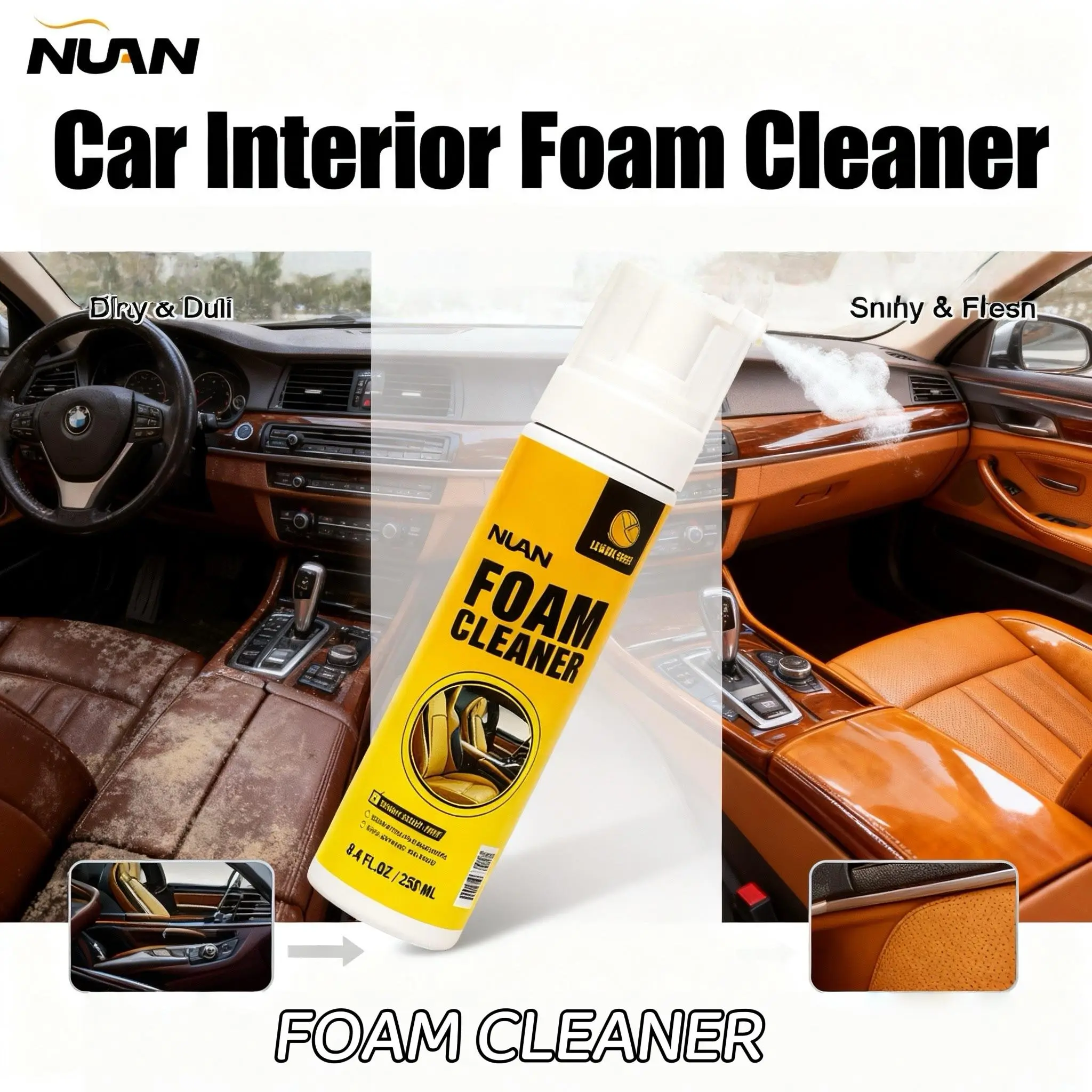 NUAN Multi-Use Foam Cleaning Spray - Premium Leather Cleaner, Car Upholstery Cleaner, Car Interior Protectant for Plastic, Dashboard, Headliner Surfaces (Automotive Interior Care Accessory)