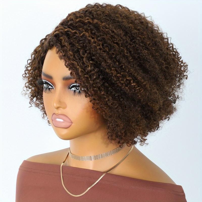 Fashion New 250% density Short Pixie Cut Afro Kinky Curly Bob Wig 4x1 Lace Human Hair Wigs For Women Brazilan Ombre Blonde Highlight Brown Afro Kinky Curly Human Hair Wig With Bangs