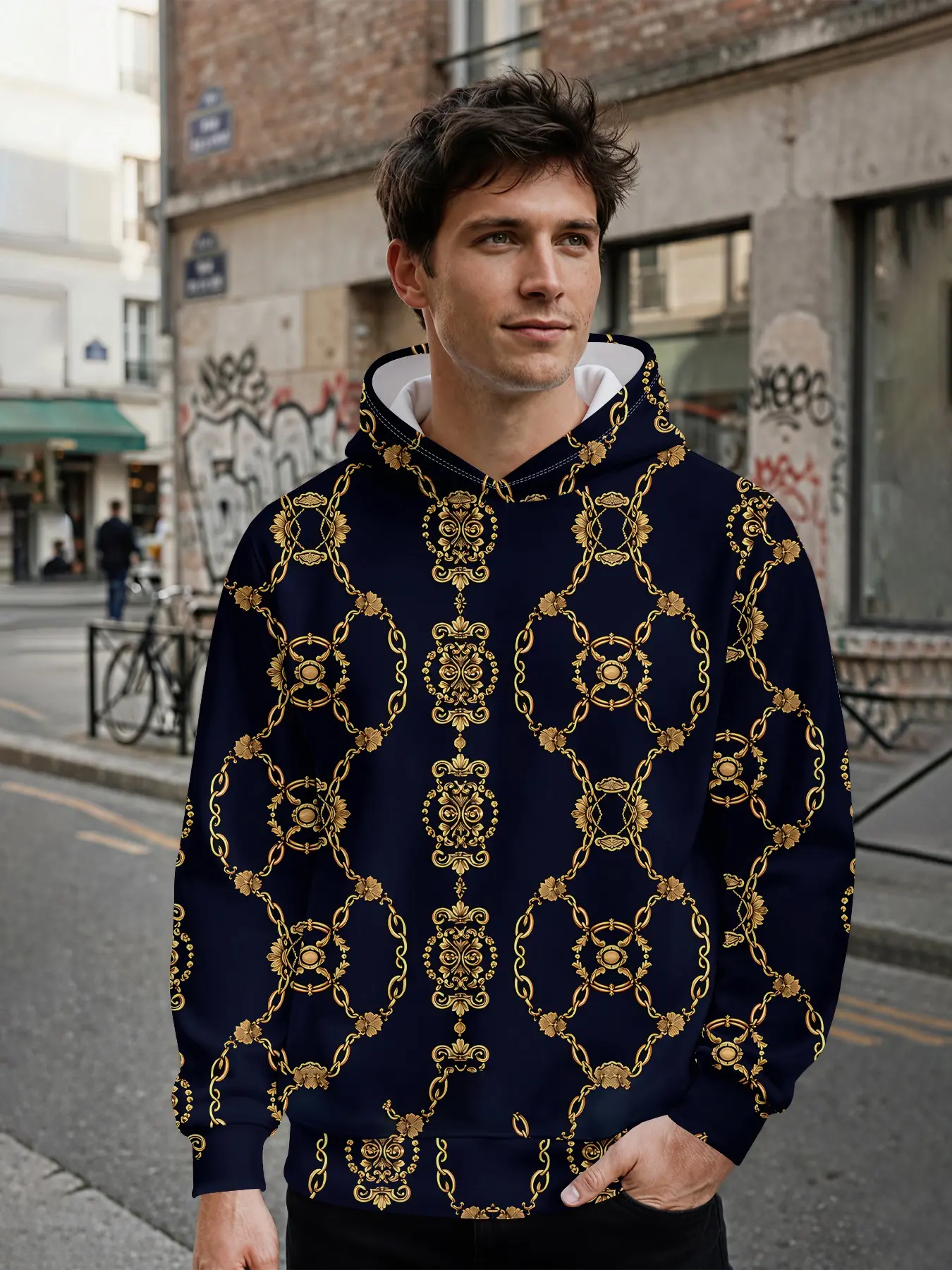 Men's hoodie with 3D digital print featuring light luxury retro golden chain patterns, all-over printed design. It stands out for daily outings and music festival looks, making it an ideal holiday gift for men.