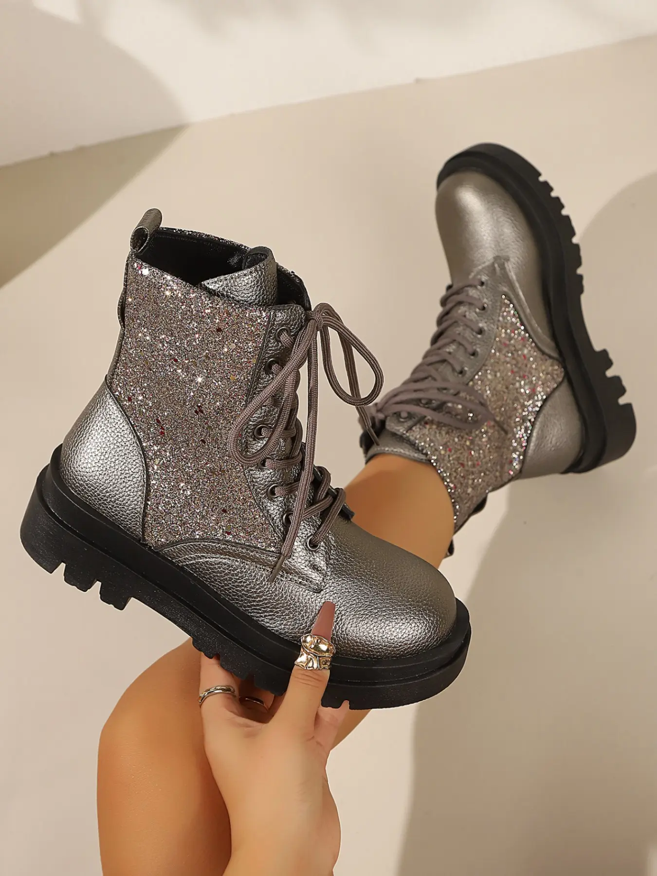 Sweet & Spicy Style Silver Color Glitter Motorcycle Short Boots, PU Leather, Rubber Sole, Fashionable Women's Boots for Fall/winter