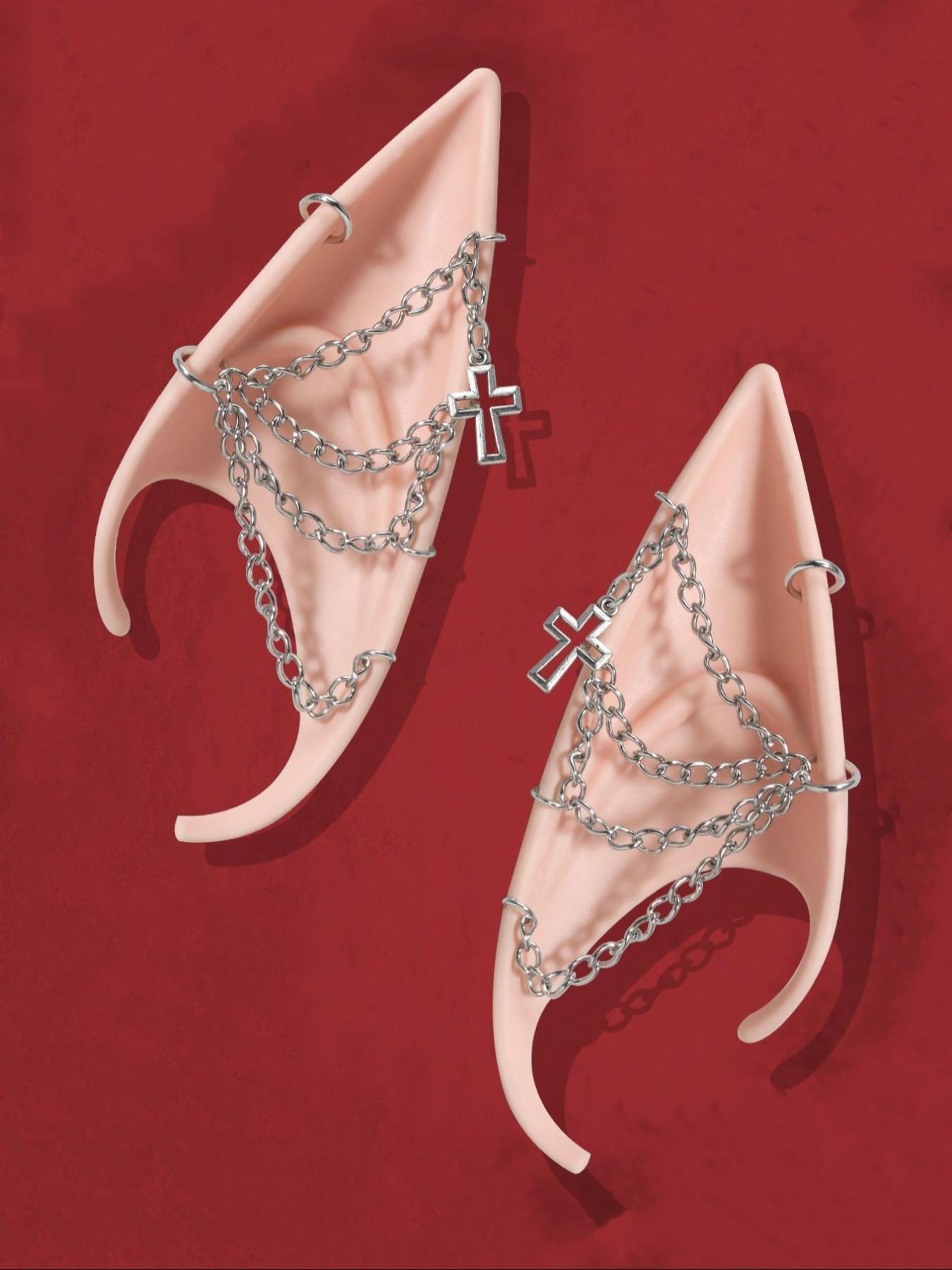 Punk Style Chain & Cross Decor Elf Ear, Fashionable Cosplay Accessories for Women & Girls, Trendy All-match & Exquisite Elf Ear for Cosplay, Party, Costume