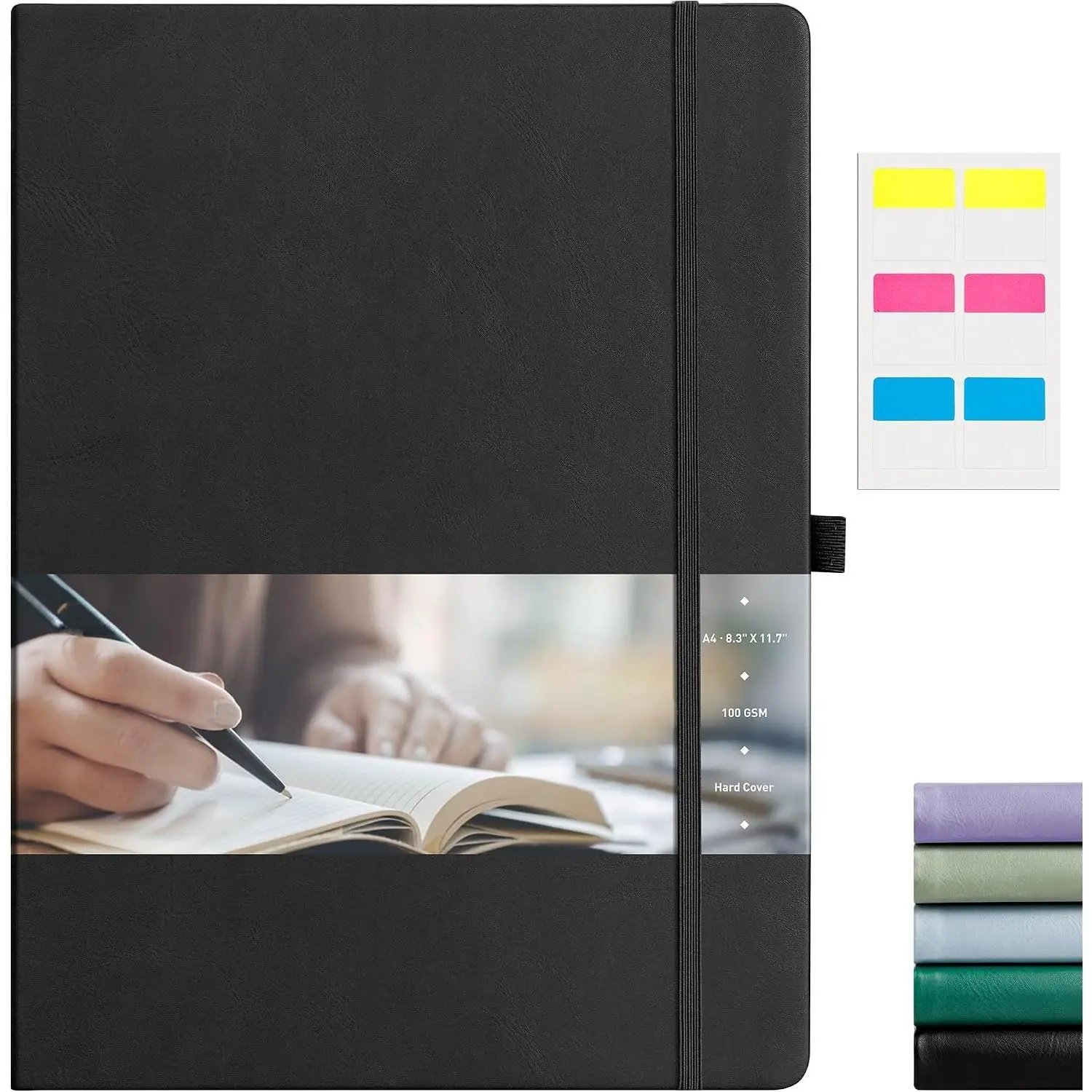 Lined Journal Notebook, 192 Pages, A4 Size (8.5'' x 11'') | Leather Hardcover, 100 GSM Thick Paper, College Ruled, for School, Writing, Work, Office & Journaling (Black)