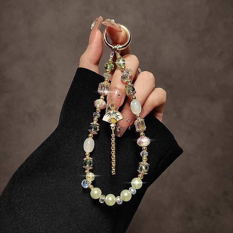 Chinese Style Alloy Tassel Fan Phone Lanyard Handmade Bead Pearl Crystal Strap Phone Case Wrist Hanging Chain Keychain Pendant