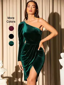 Women's One Shoulder Velvet Bodycon Dress, Waist Cinched Long Sleeve Design, Spring & Fall Party Wear, High-End Casual