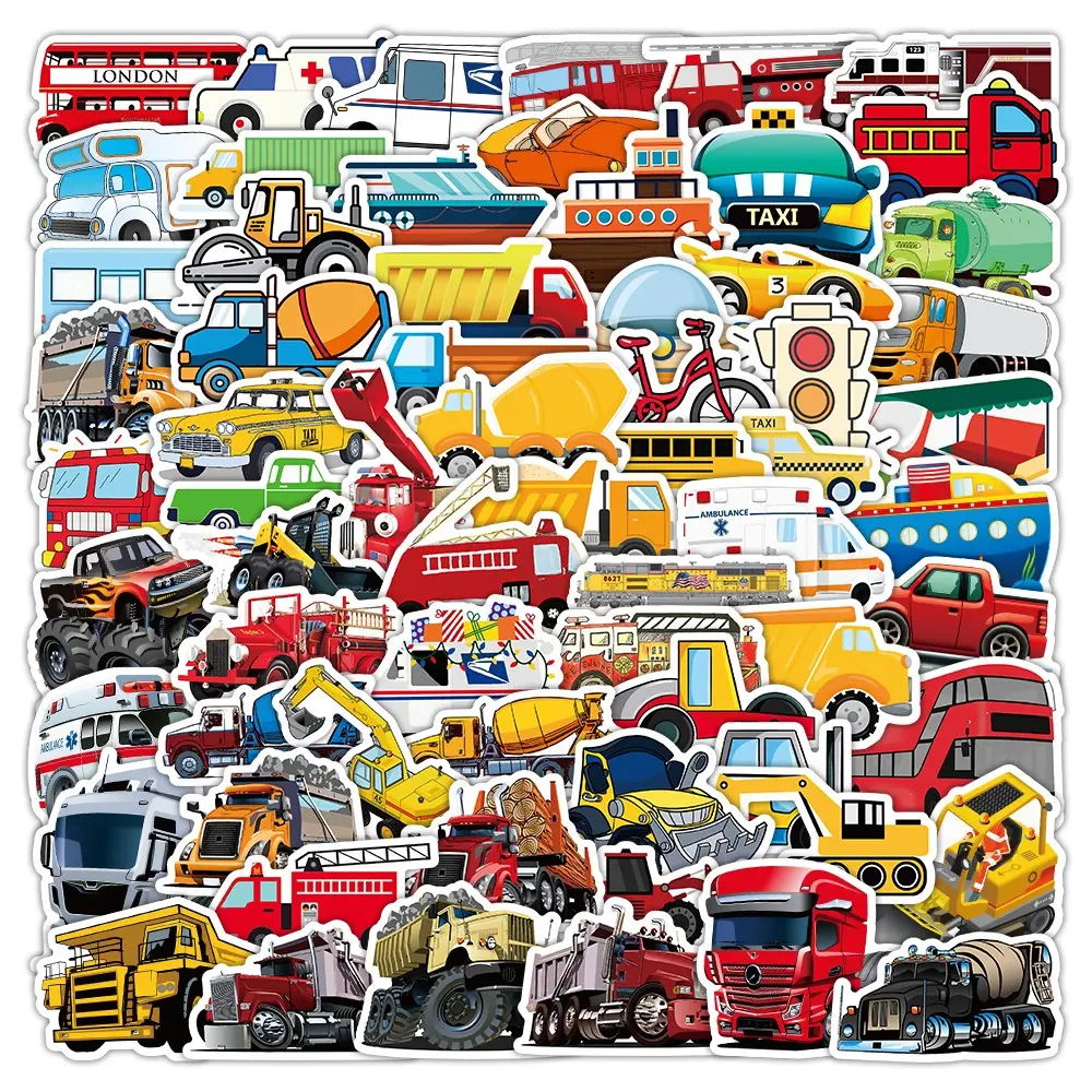 100pcs Cartoon Engineering Transportation Vehicle Series Graffiti Stickers - Waterproof PVC Decals for Suitcases, Phone Cases, Laptops, Helmets, Skateboards - Vibrant Construction Vehicle Designs