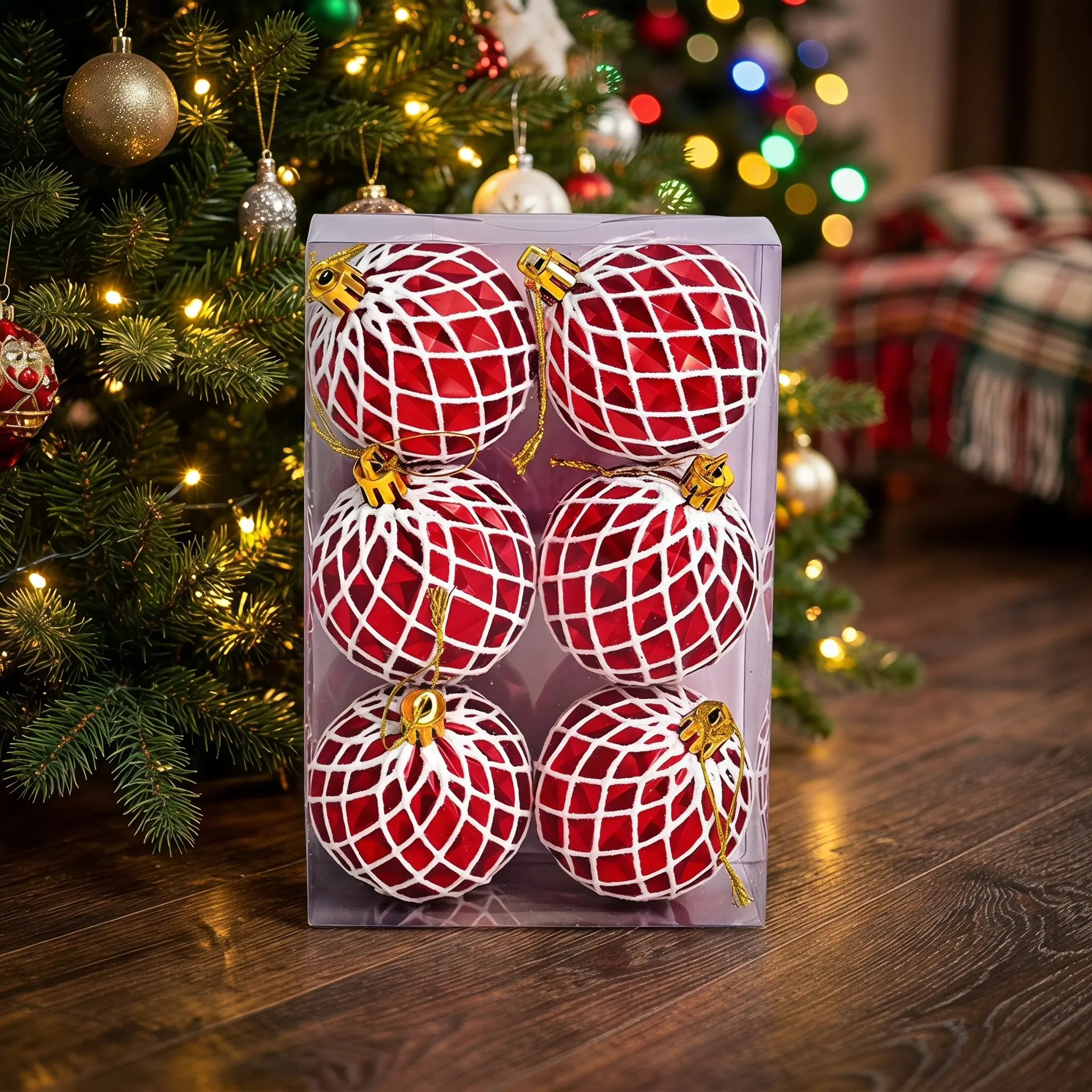 6cm Mesh Diamond Pattern Christmas Decorative Balls, Minimalist Light Luxury Style, Reflective Spheres with Glitter Mesh Edging, Gold Hanging Rope for Tree Ornaments and Holiday Decor
