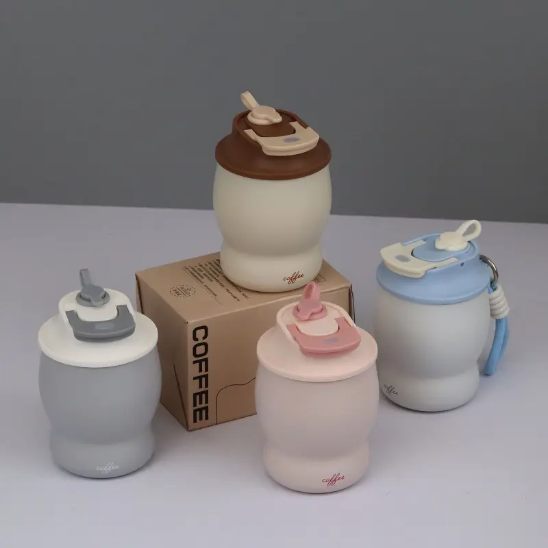 Stylish 280ml gourd-shaped insulated cup with plastic coating, dual-use coffee cup, compact and portable, equipped with a straw.