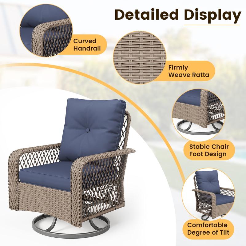 UDPATIO 3 Pieces Patio Furniture Set, Outdoor Swivel Rocking Chairs Wicker Patio Bistro Set Glass Top Side Table and Thickened Cushions Lounge