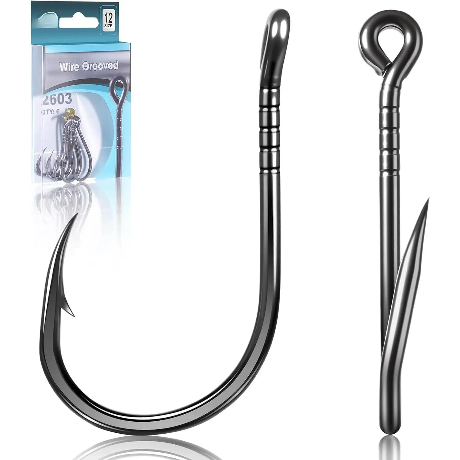 Wired Grooved Octopus Circle Hooks,Offset Beak Fishing Hooks Saltwater & Freshwater,Anti-Slip  Barbed Live  Fish Hook Black for Rigs Catfish, Bass Tuna, Walleye, Trout Size#3-16