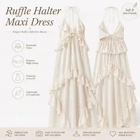 Women's Sleeveless Halter Backless Ruffled Skirt Dress - Solid Color Cute Casual Wear with Tie Knot, Flowy Dacron for Summer Vacation, Bachelorette Party, Drawstring Formal Apparel, Deep V
