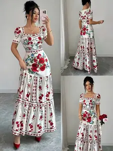 Women's Summer New French Elegant Chic Romantic Floral Print Square Neck Short Sleeve Waist Cinched A-Line Long Dress