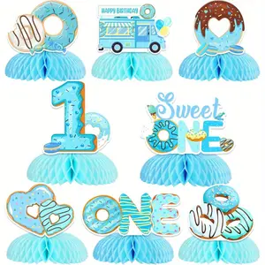 1Set Donut 1anniversary Birthday Party Decorations  8PCS Donut Honeycomb Centerpieces Blue Donut First Birthday Party Decorations for Boy Sweet One Donut Table Toppers for Doughnut Grow up Party Supplies