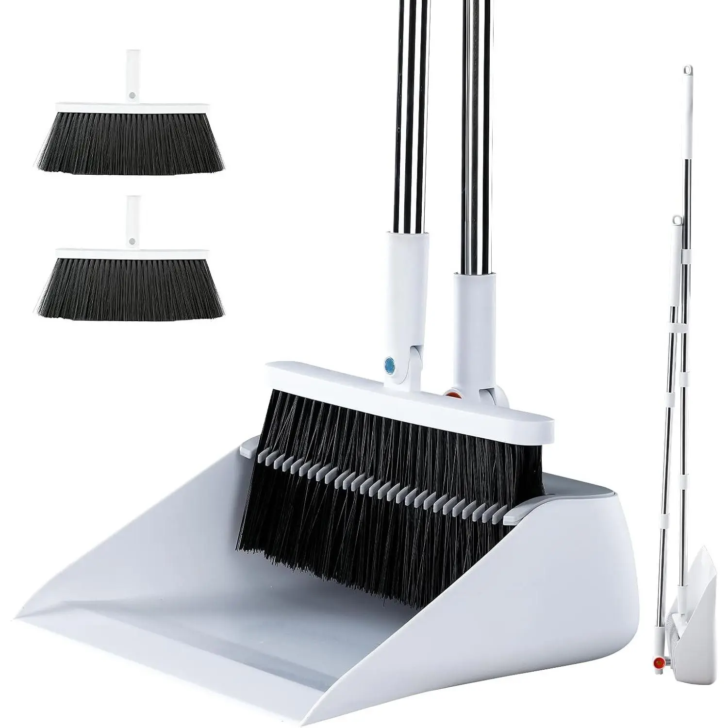 Broom and Collapsible Dustpan Combo Set, 2 Broom Heads, 53" Long Handle, Self-Cleaning Dust Pan Teeth, 180° Swivel Broom Head, Upright Standing for Indoor Sweeping Dog Cat Pet Hair