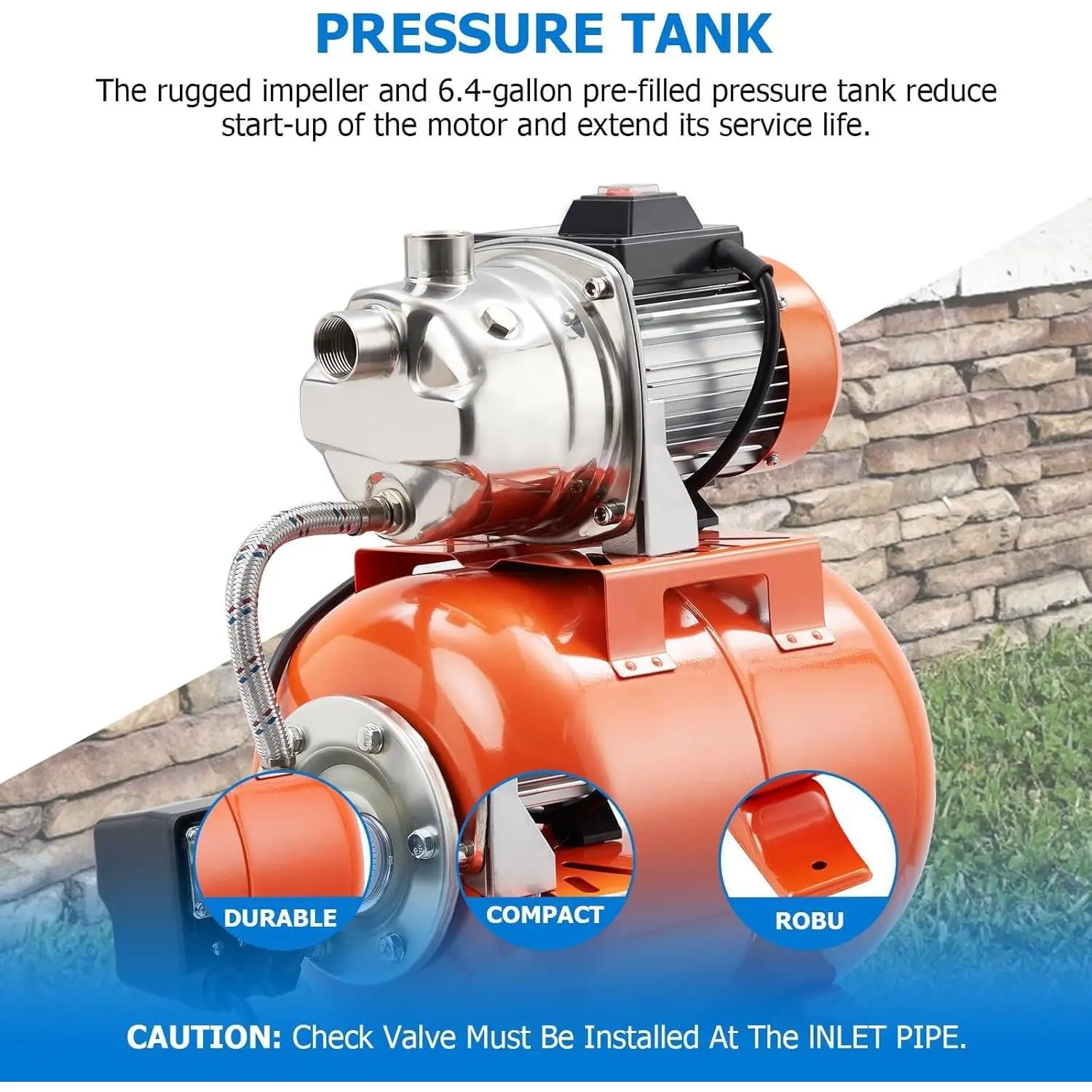 Garvee 1HP Stainless Steel Shallow Well Jet Pump with Pressure Tank – 115V, 845GPH, Automatic Water Pressure Booster System – Reliable for Home, Garden, Lawn, Irrigation