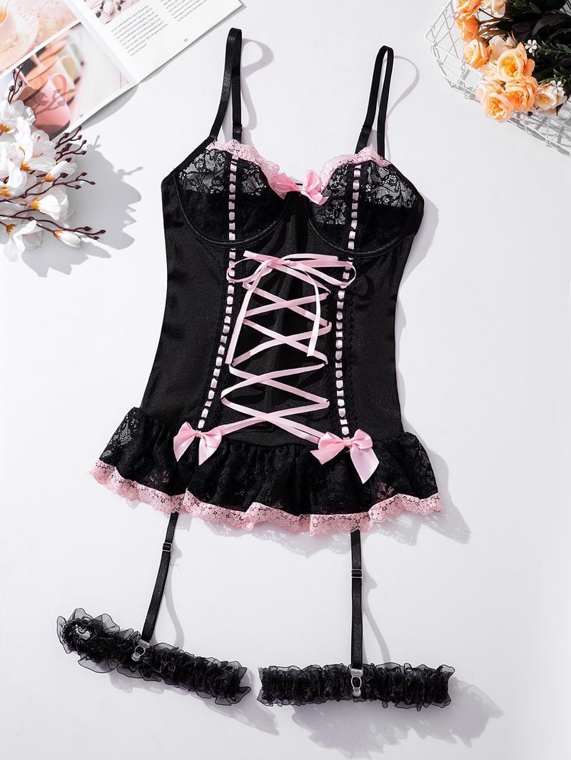 Women's Sexy Black & Pink Lace Corset Lingerie Set, Push-Up Bustier with Lace-Up Detail, Bow Accent Ruffle Hem Garter Belt Lingerie, Perfect for Valentine's Day, Date Night & Romantic Occasions, Seductive Maid Style Intimates