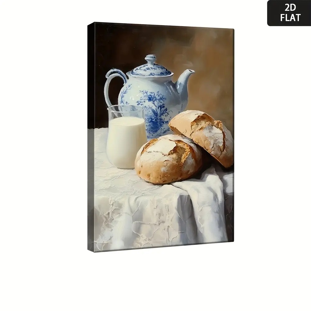 2D Flat Still Life Bread & Milk Canvas Wall Art - Minimalist, Fade Resistant, Wrapped Frame, Soft Brown Neutral Palette - Cozy Kitchen, Dining Room Decor - Ready-to-Hang Marble-Infused Home Poster Print, Gift, Home Inspo, Multi-Size, Kid Room, Eye-Friendl
