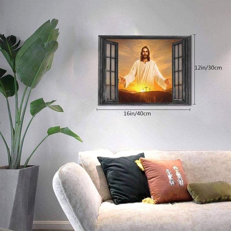 1 Count Jesus Christ Canvas Wall Art Jesus Greets You Welcome Back Window View Sunset Poster Christian Religious Modern Artwork Christ Spiritual Prints Framed Wall Decor For Bedroom Living Room 16x24inch
