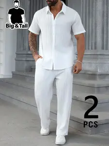 2 PCS Big And Tall Men's White Vertical Ribbed Matching Outfit, Lapel Short Sleeve Button Front Shirt Straight Leg Long Pants Co Ord Set, Loose Leisure Daily Two Piece Suit, Plus Size Vacation Outfit