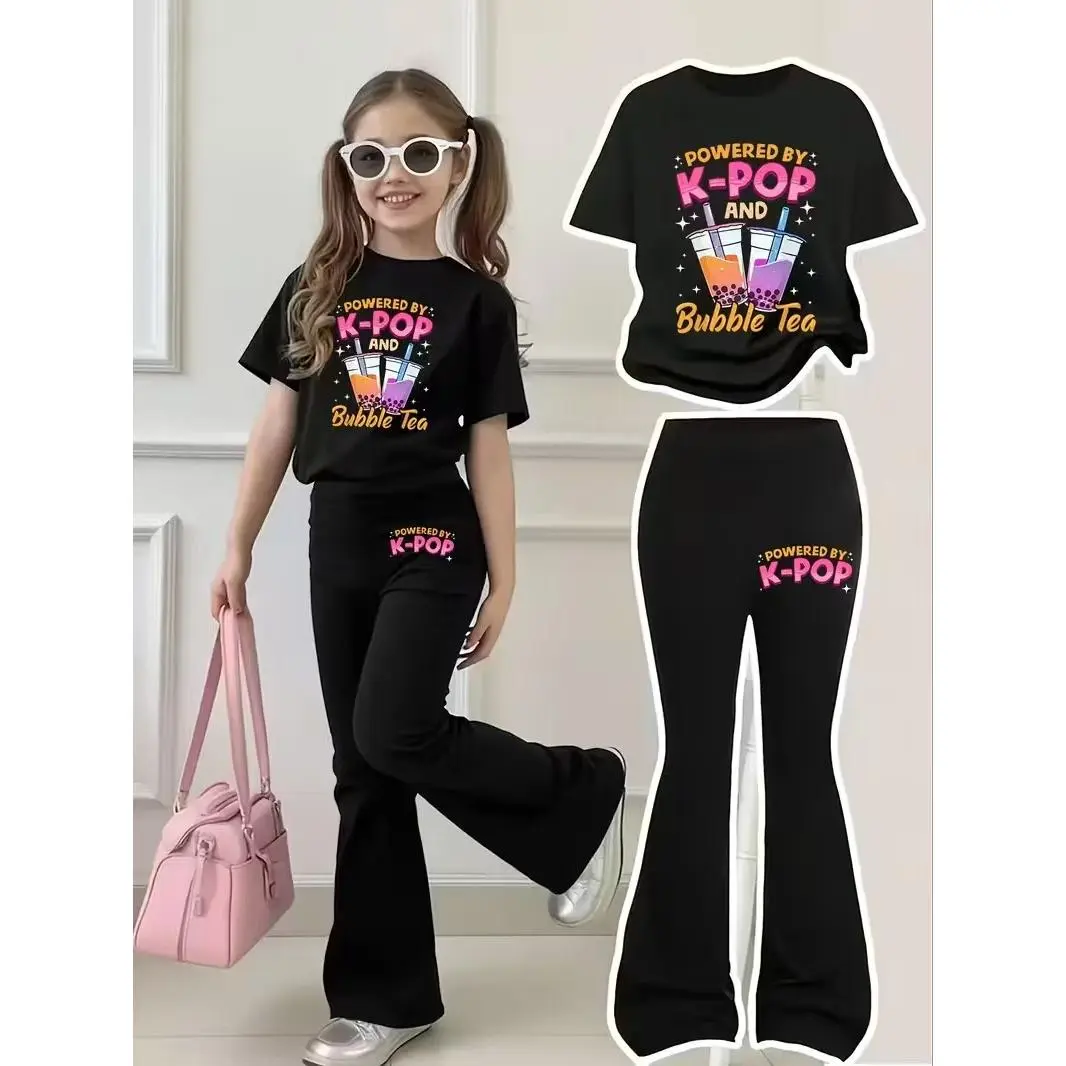 Trendy Flash Lettering Pants Set, Deep Bell Bottoms with Mini Girl Group Pattern, Cute K-Pop Style for Girls Ages 4-12