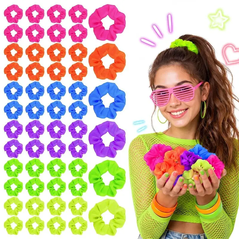 48-piece set of neon hair ties, 80s retro neon hair accessories, suitable for women |   Neon hair ties, bright-colored 90s retro party accessories, elastic ponytail hair bands, green, orange, purple, blue, yellow, rose red