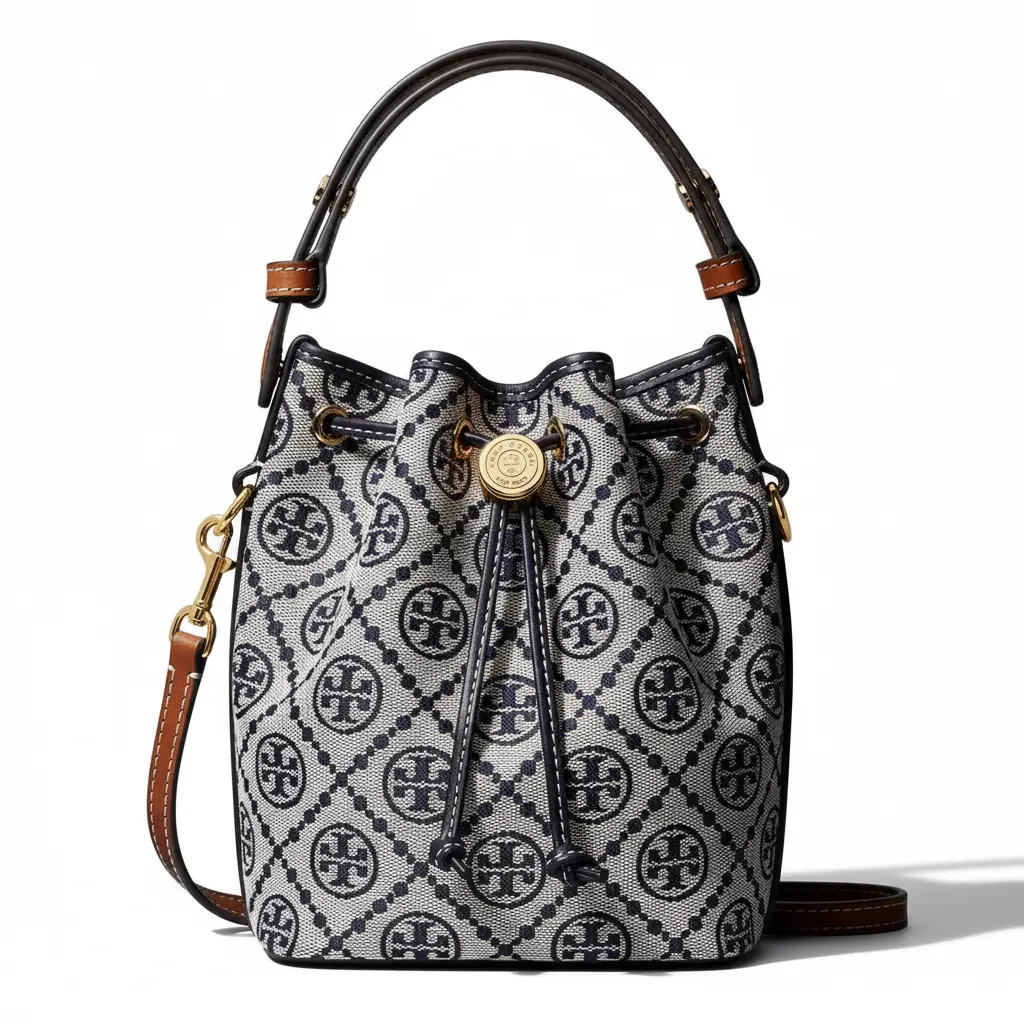 Tory Burch T Monogram 26 Bucket Bag for Women – Navy and Gray Fabric-Plus-Leather Mini Shoulder Handbag