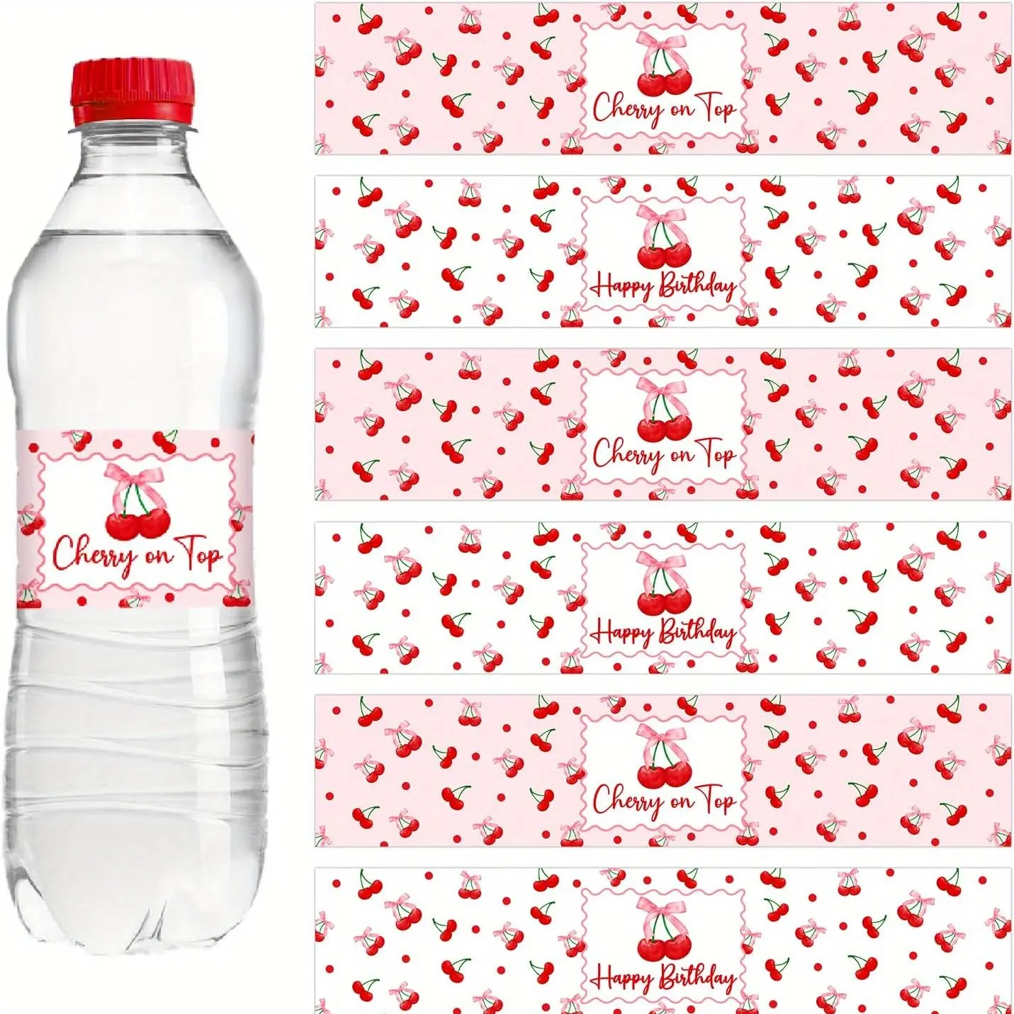 1Set Peel-and-Stick Cherry on Top Water Bottle Labels, High-Quality Premium Materials, Vibrant and Fruity Design Party Decor for Themed Parties, Girls' Birthday & Family Reunion Supplies, High-Quality Materials