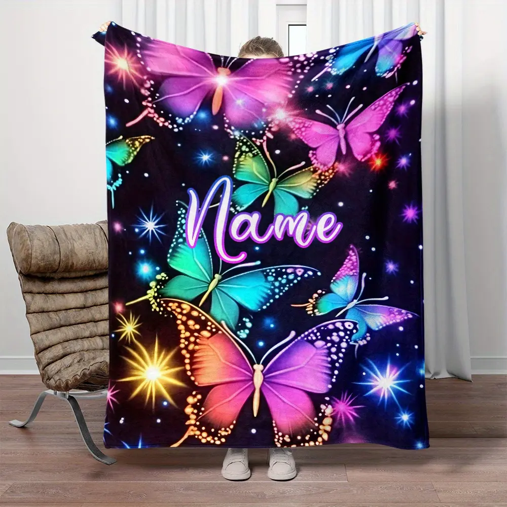 1 Dreamy Colorful Butterfly Custom Name Portable Blanket – Lightweight Fleece Sofa Blanket, Perfect for Sofas, Beds, Travel, Camping, Living Rooms, Offices, Chairs, and Beds.Made of soft, warm fleece fabric with digital printing technology