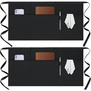 Household daily necessities 2 Pack Server Apron - Waist Half Aprons for Waitress with 3 Pockets, Black Short Serving