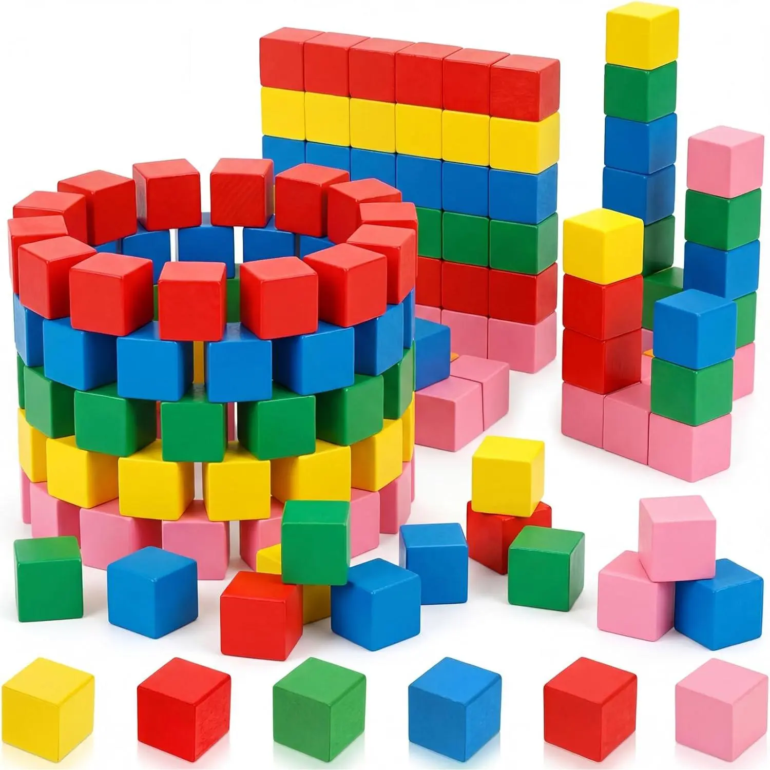 100 Pcs Wooden Cube Blocks Bulk 5 Color Geometric Solid Mini 3D Shape 0.7 Inch Math Teaching Building Stacking Blocks for Classroom Learning Creative Play DIY Craft