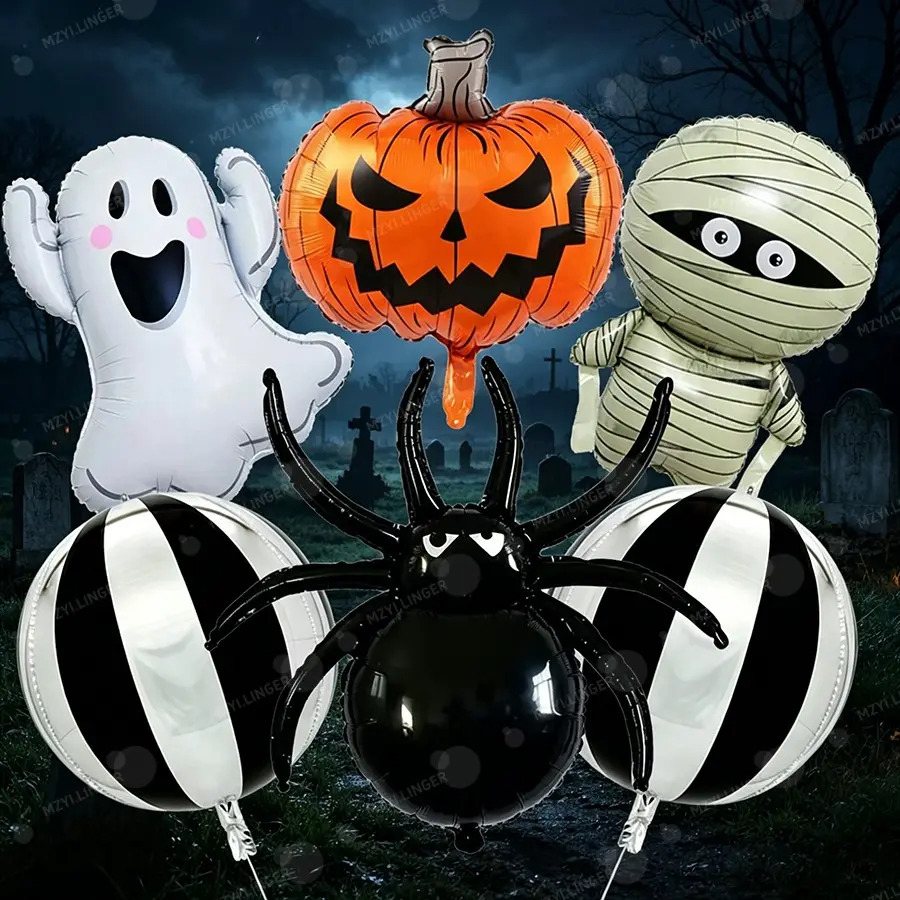 Halloween Aluminum Foil Balloon Set, Pumpkin Ghost Mummy Spider Striped Balloons, Halloween Party Indoor Outdoor Decorations