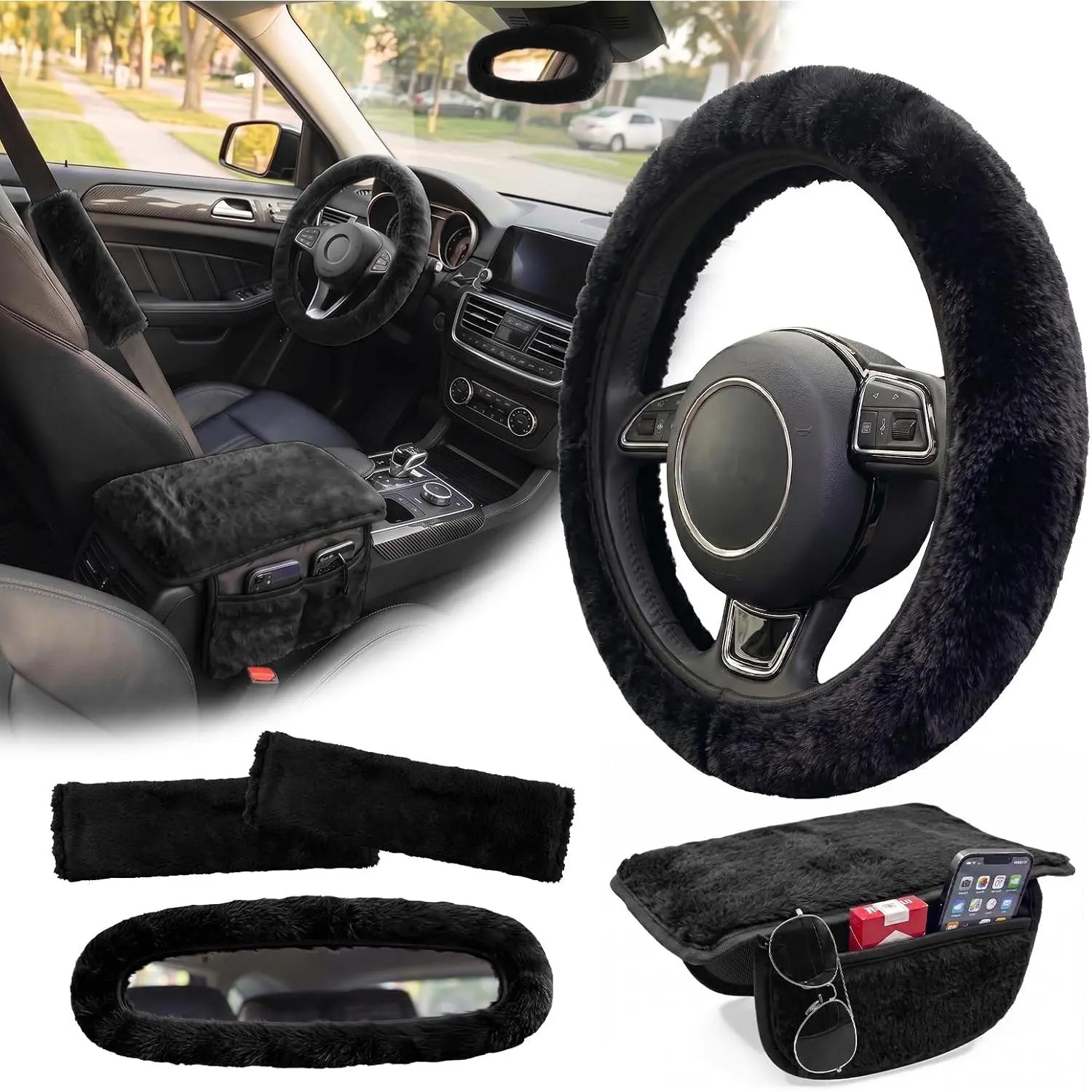 5 count Fuzzy Black Color  Accessories Set, Soft  Plush Steering Wheel Cover, Center Console Armrest Pad & Rearview Mirror Cover - Interior Decorations for Women, Fit (Black)