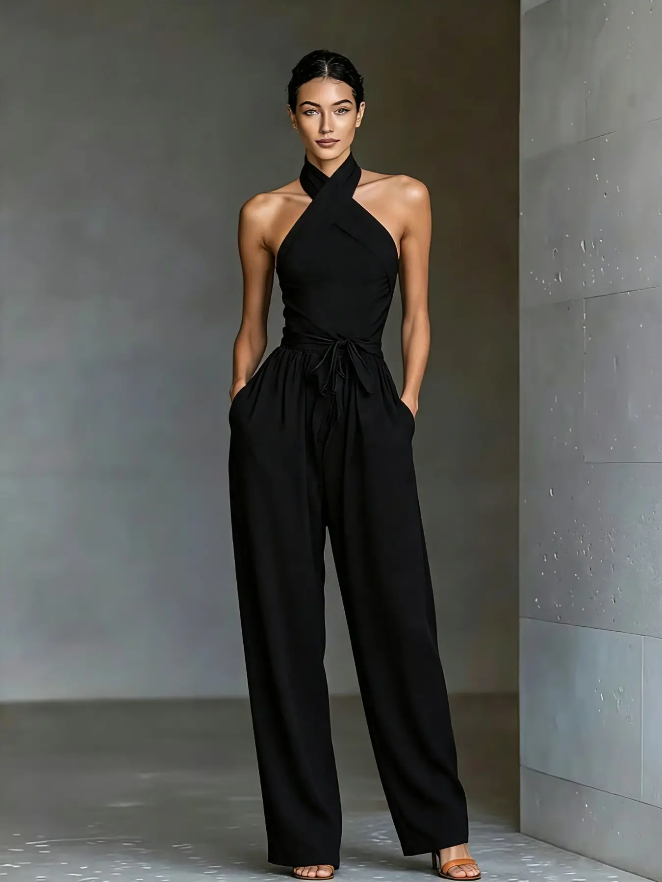 D3516 Trendy Athleisure Quiet Luxury One-Piece, Soft Life Halter Wrap Neck Jumpsuit, Adjustable Belt Waist, Hidden Side Pockets Flowy Wide Leg Daily Outfit.