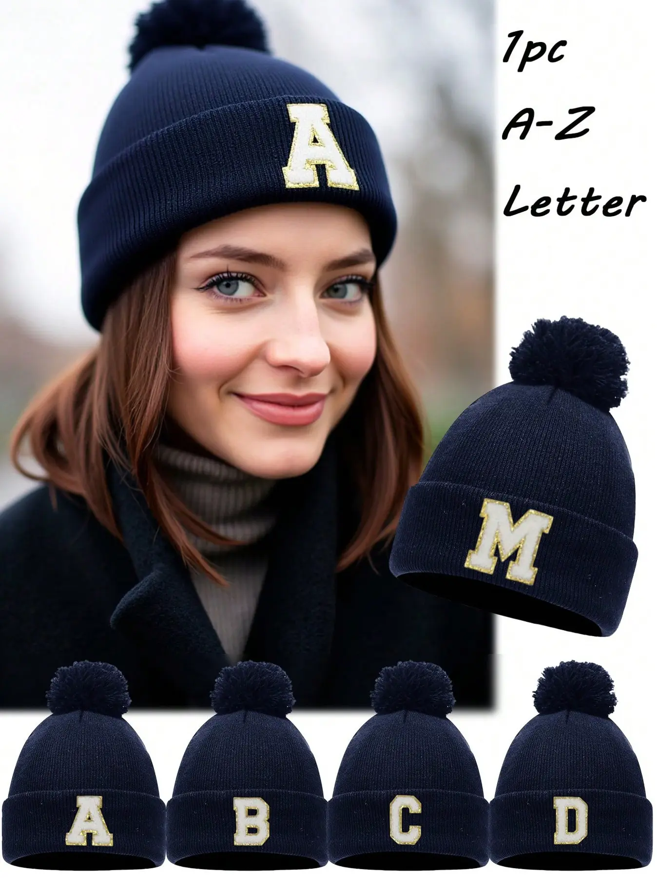 1PC Custom A-Z Letter Pom Pom Knit Beanie, Heat Lock Warm Cap, Fall Winter Cold-Proof Hat, Unisex For Men Women, Mountain Skiing, City Commute, Comfortable & Versatile For Multi-Scenario Wear