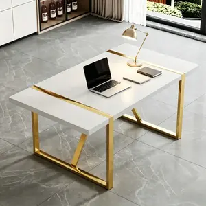 Modern White MDF Dining Table, 71 Inch Rectangular Kitchen Table with Gold Metal Legs, Industrial Style Dining Room Table, Heavy Duty Computer Desk, Writing Desk for Home Office, Living Room & Restaurant, 30 Inch Height, Easy Assembly