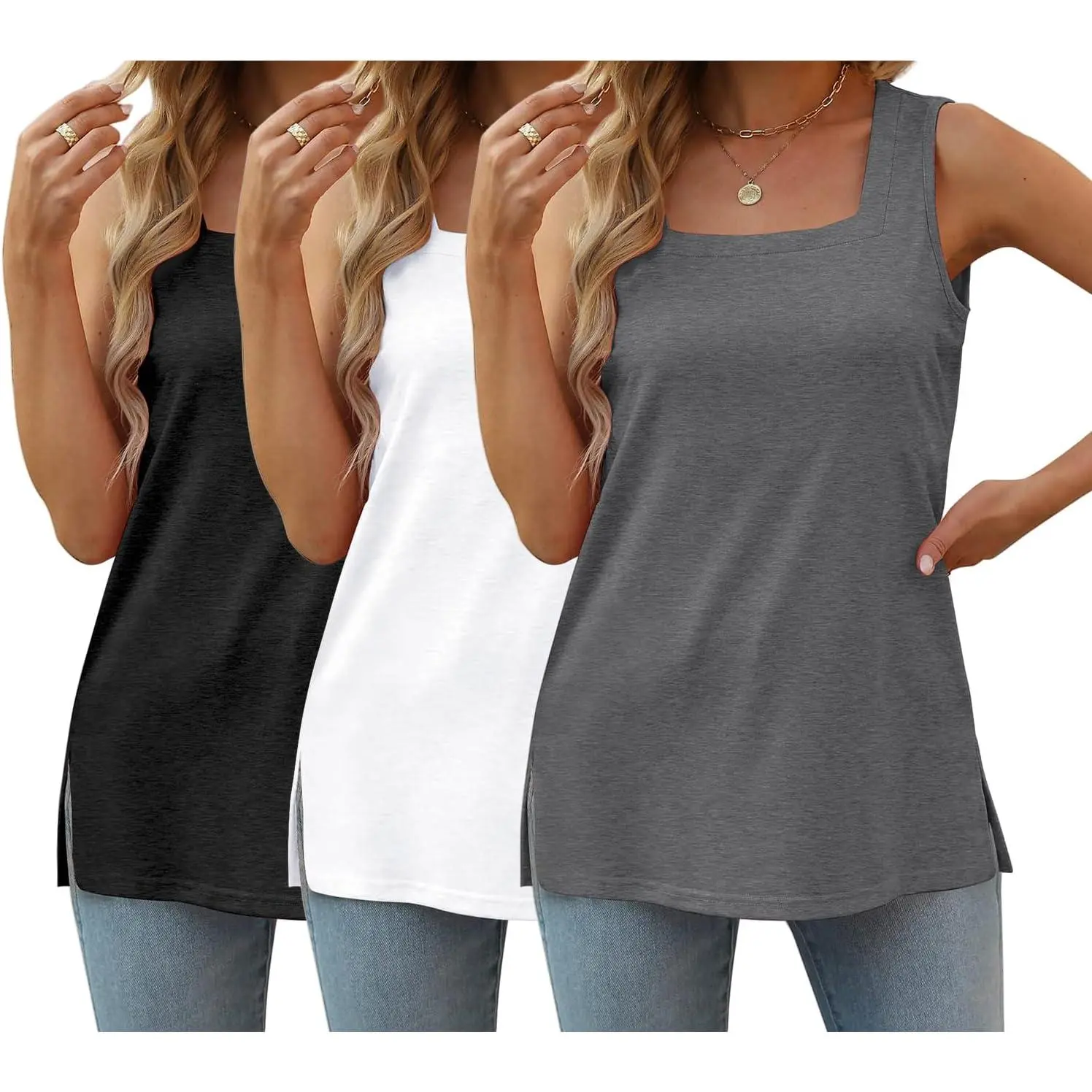 Women's Plus Size 3-Pack Tank Tops - Chic Pleated Fabric, Square Neck Sleeveless Tunic Undershirt, 2026 Streetwear Style Top, Summer Casual Beach Outfits (Gift for Layering Under Jackets), Tee