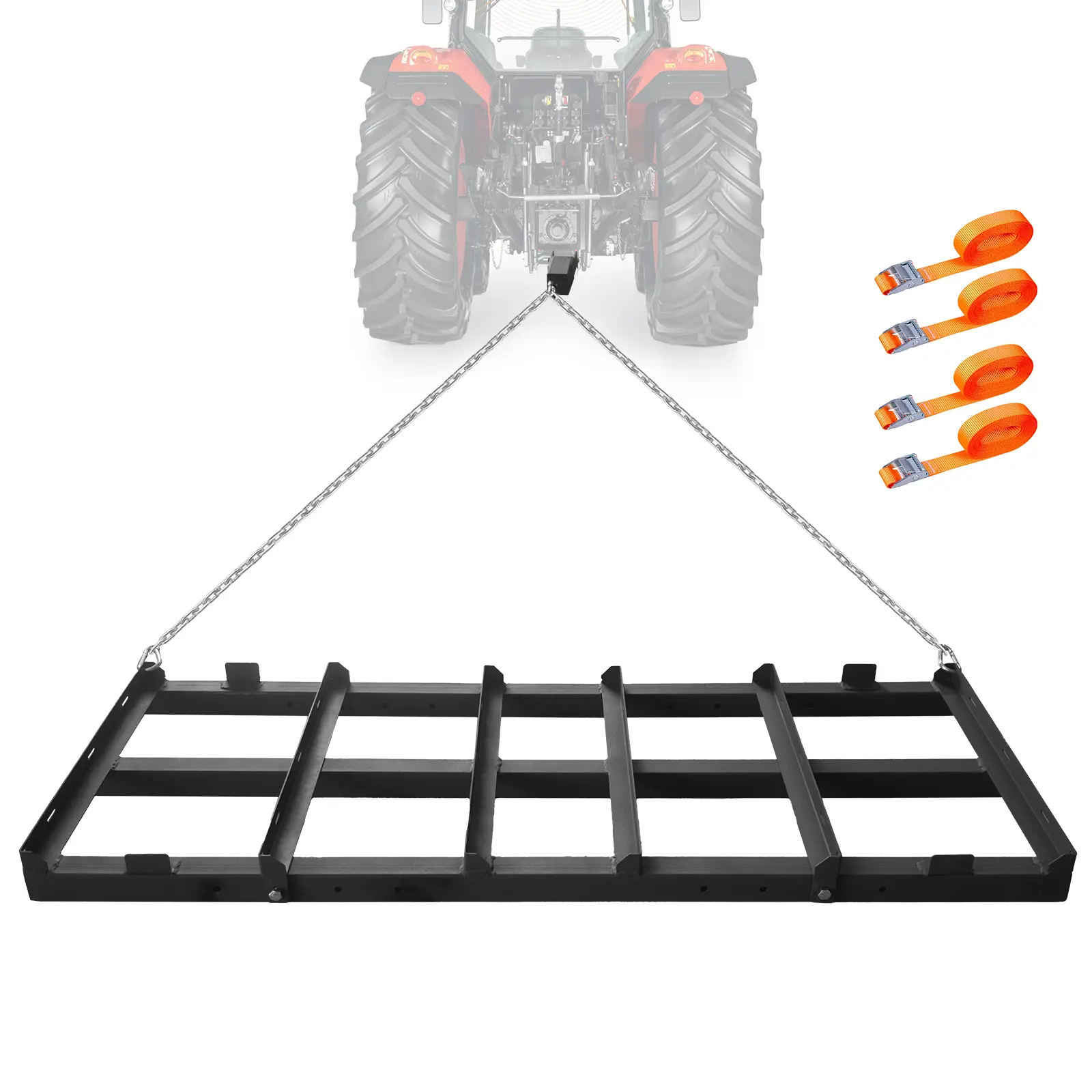 8ft Adjustable Steel Drag Harrow & Land Leveler, 4-Width Settings, Black Iron, Heavy-Duty Chain & Straps, Tow-Behind for ATV/UTV/Tractor, Ideal for Driveways, Garden Plots, Grading Soil