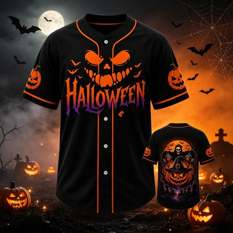 Halloween Jack O' Lantern Grim Reaper Casual Baseball Jersey - Pearl-Weave Breathable Fabric, Tailored Cut Button-Up Spooky Themed Sport Shirt, Gentle Wash Multi-Size Professional Sports Clothing