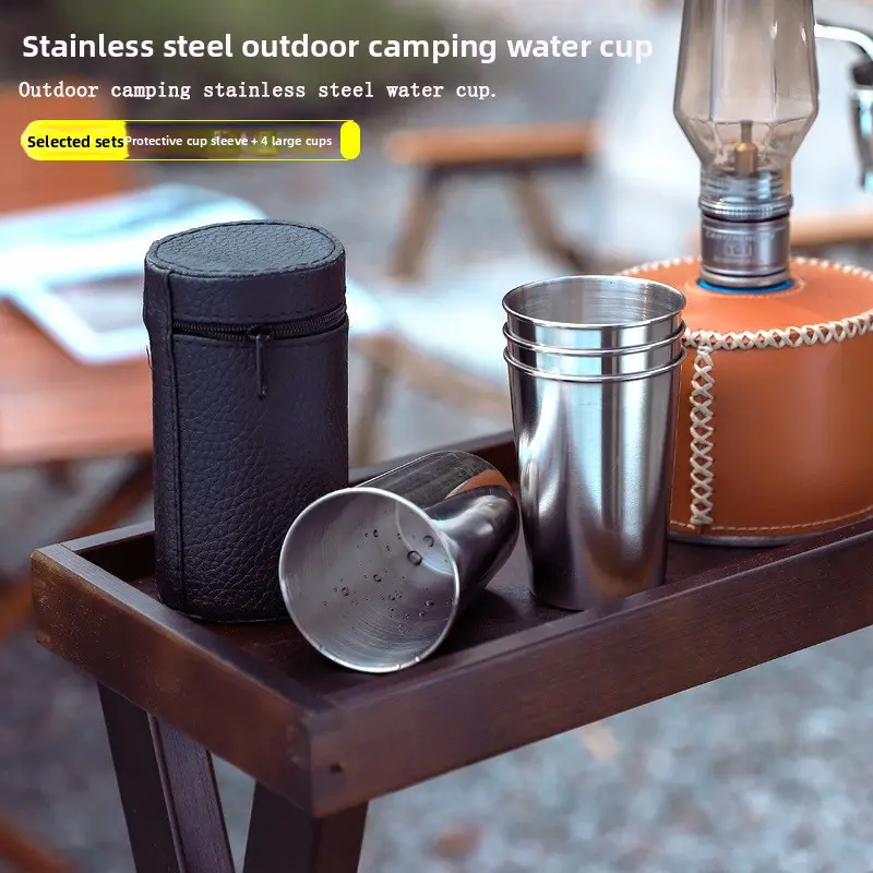 4 Packs Stainless Steel Expandable Nesting Cups, Compact Portable Set with Leather Sleeve for Camping, Hiking, Compact Nesting, Expandable Cups